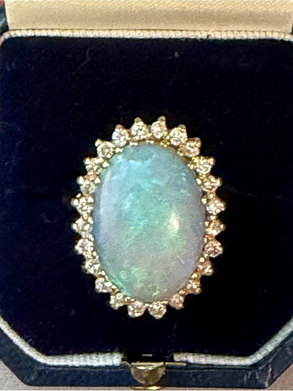 Natural Opal Ring with Gold Diamond Halo - Blue Green Opal for October !!